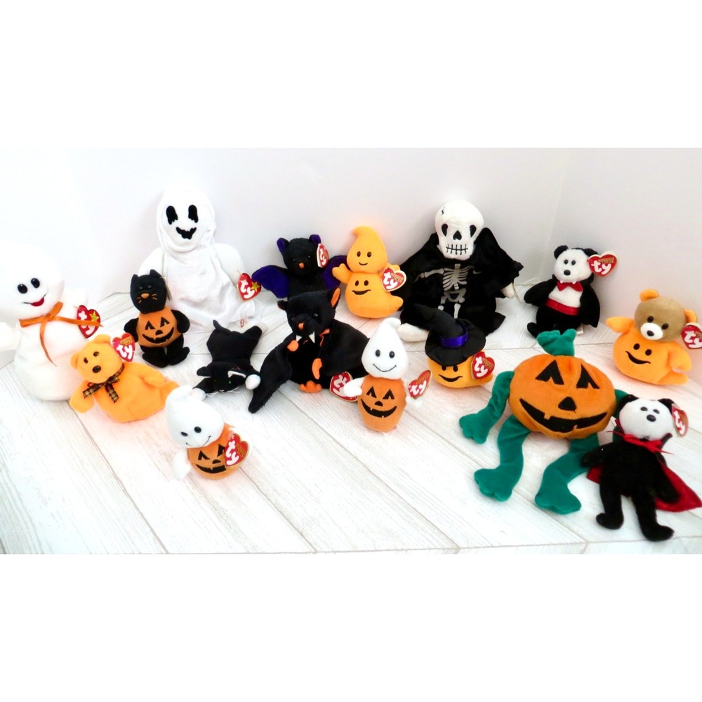 NEW! Lot of 16 Vintage Halloween Beanie Babies Skeleton Ghost Vampire Black Cat